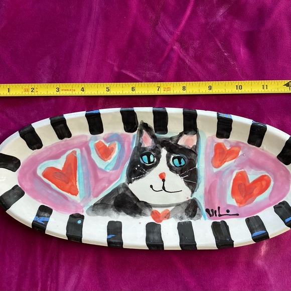Handmade Ceramic Serving Tray 12.5”x5.5” original design Cat and Heart Design - Picture 5 of 12